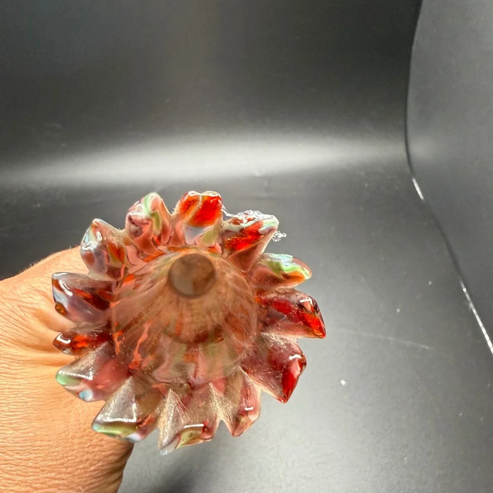 Vintage Art Glass Bud Vase Red Green White Confetti Striped Ruffled Rim 11 inch